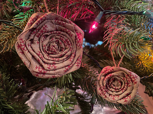 Set of 2 x Rustic Burlap Snowflake Rosette Ornament